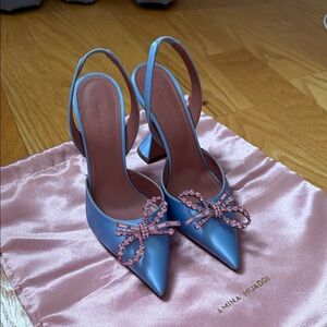 Authentic Amina Muaddi blue & pink Rosi sling back pumps
